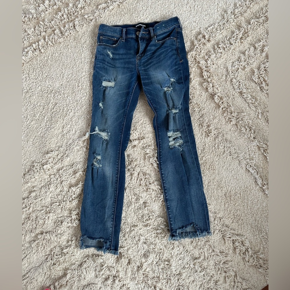 Express, stretch, Skinny Ankle, Mid Rise , dark washed jeans.